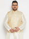 Vastramay Men's Plus Size Cream and Gold Jacquard Nehru Jacket